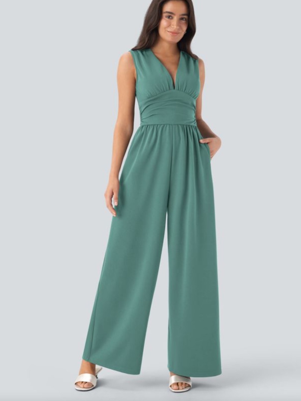 NWOT Halara Green V Neck Sleeveless Ruched Pocket Jumpsuit-Easy Peezy